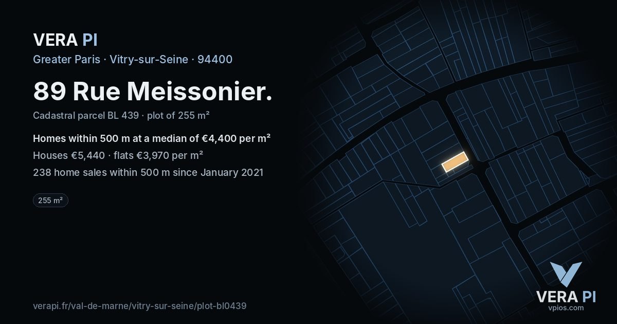 89 Rue Meissonier, Vitry-sur-Seine at night – the plot lit, the parcels around coloured by the prices near them