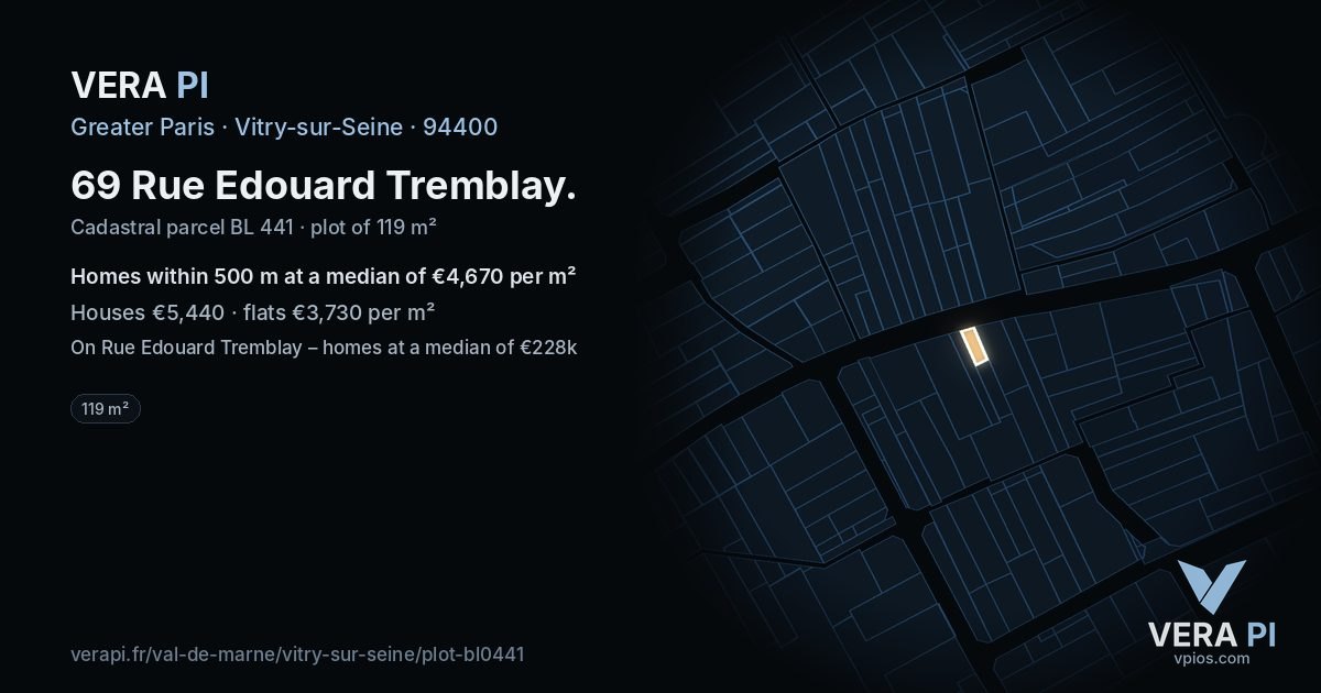 69 Rue Edouard Tremblay, Vitry-sur-Seine at night – the plot lit, the parcels around coloured by the prices near them