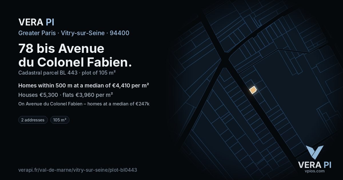78 bis Avenue du Colonel Fabien, Vitry-sur-Seine at night – the plot lit, the parcels around coloured by the prices near them