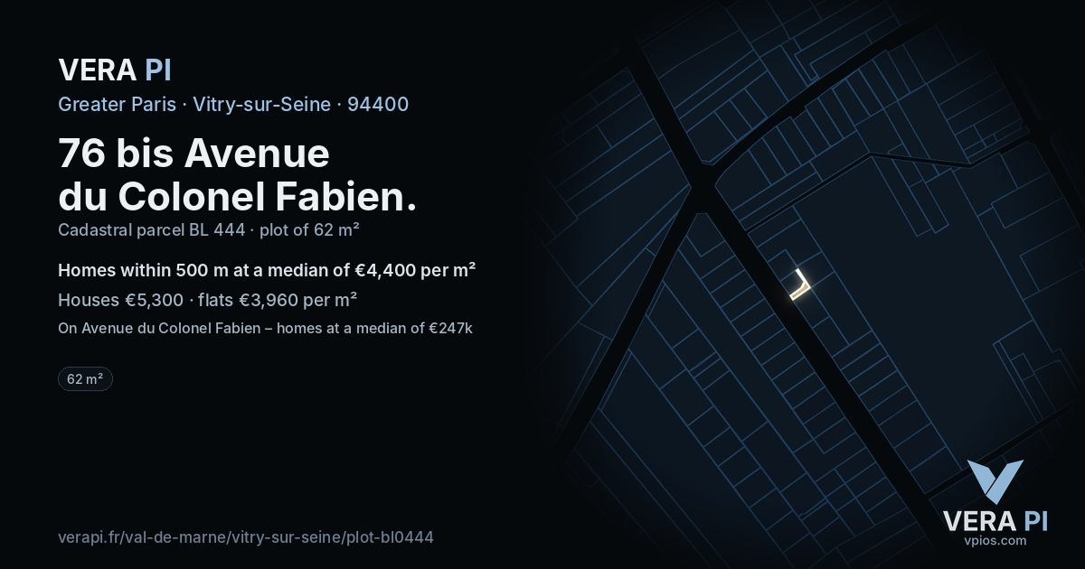 76 bis Avenue du Colonel Fabien, Vitry-sur-Seine at night – the plot lit, the parcels around coloured by the prices near them
