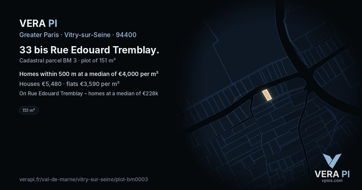 33 bis Rue Edouard Tremblay, Vitry-sur-Seine at night – the plot lit, the parcels around coloured by the prices near them