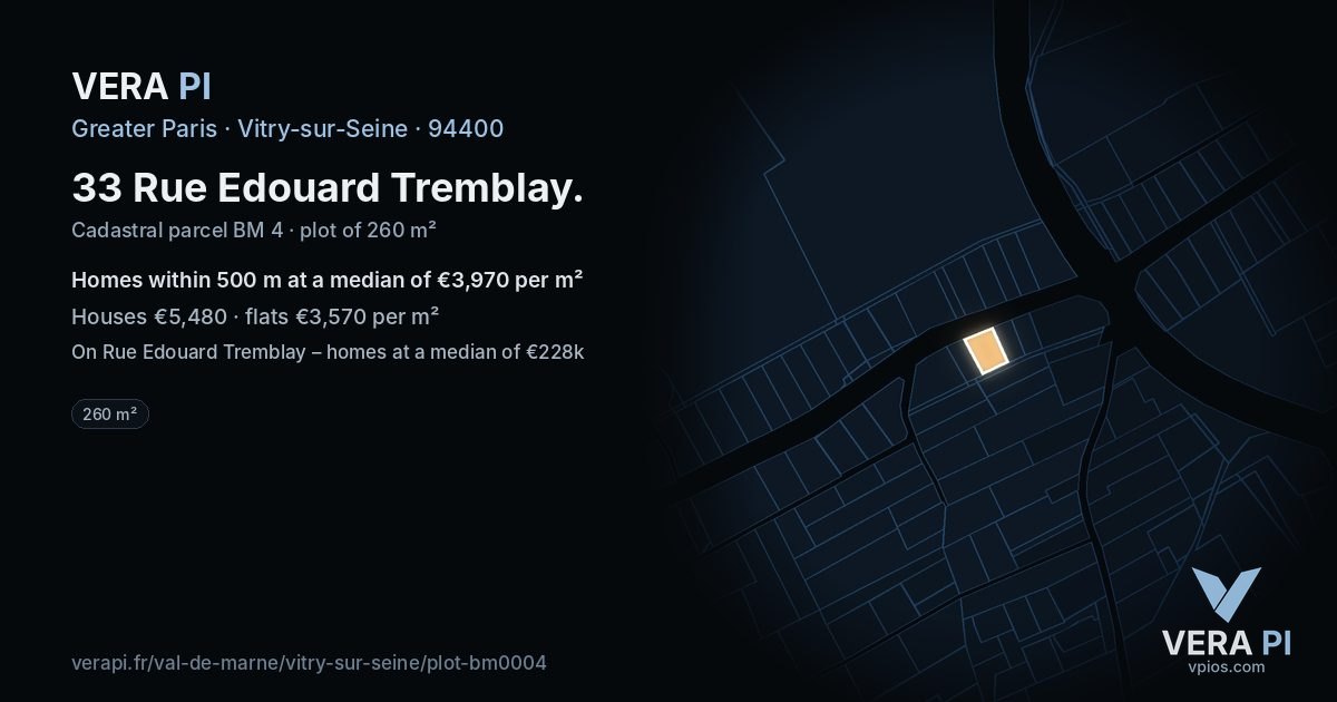 33 Rue Edouard Tremblay, Vitry-sur-Seine at night – the plot lit, the parcels around coloured by the prices near them