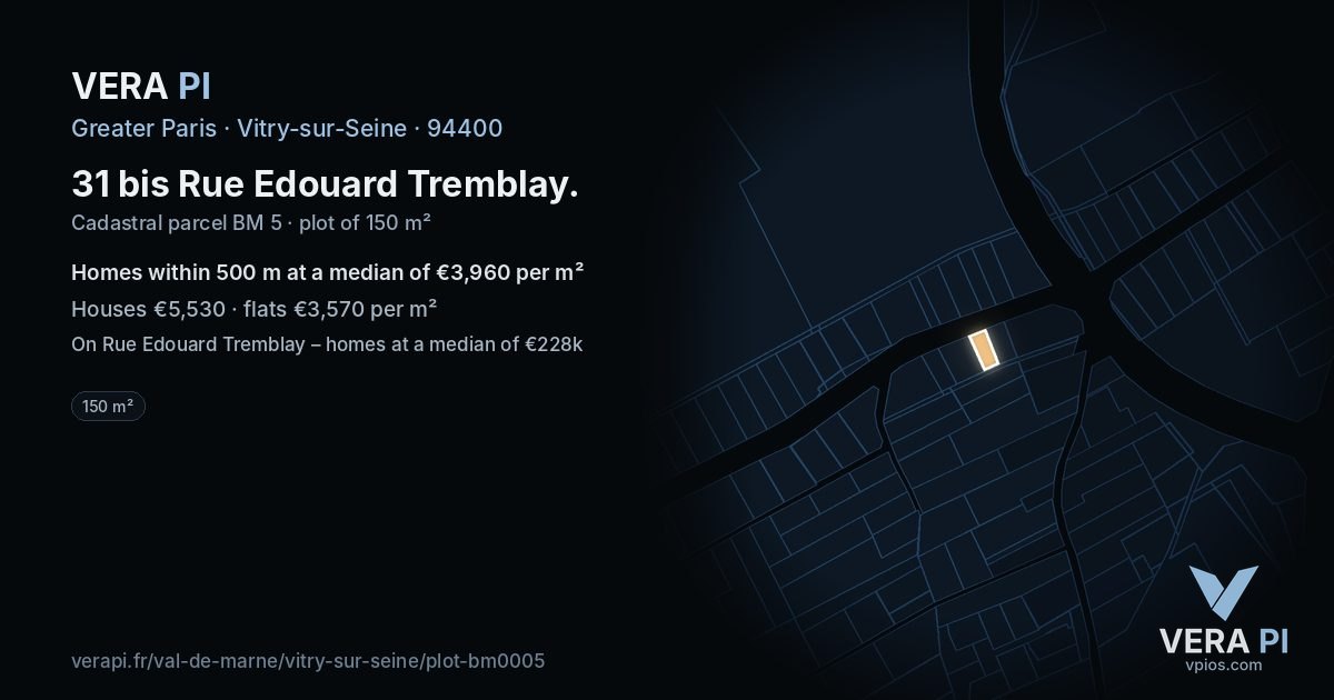 31 bis Rue Edouard Tremblay, Vitry-sur-Seine at night – the plot lit, the parcels around coloured by the prices near them
