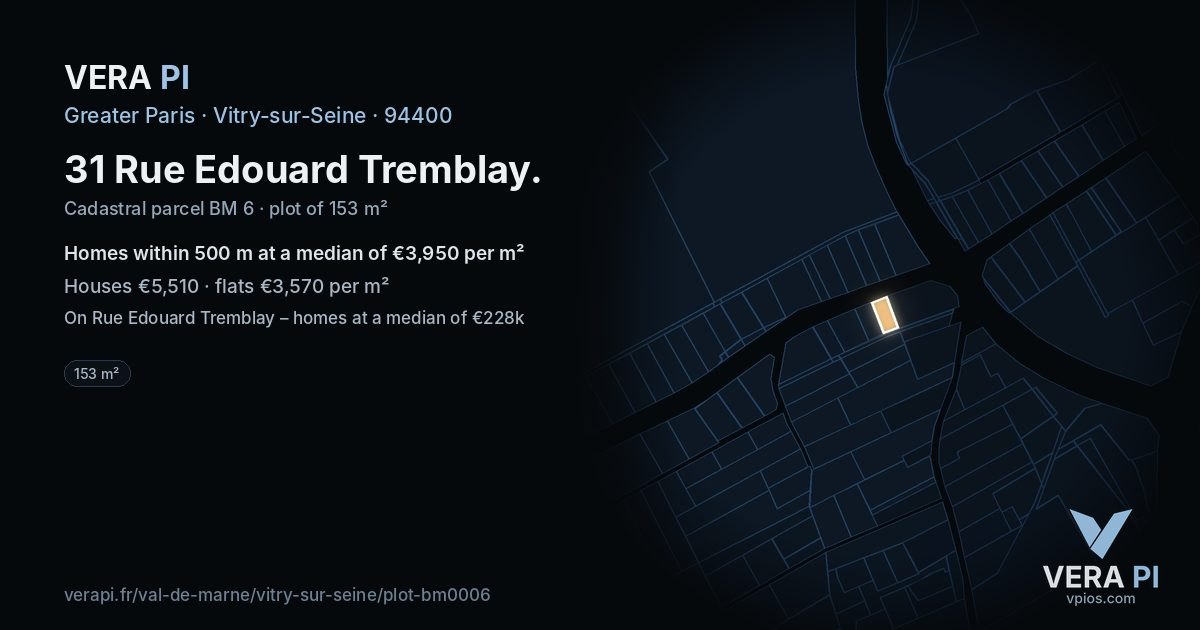31 Rue Edouard Tremblay, Vitry-sur-Seine at night – the plot lit, the parcels around coloured by the prices near them