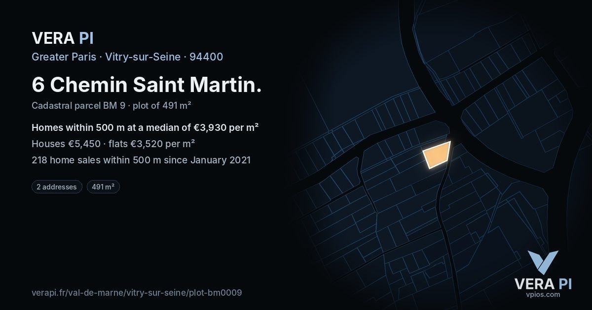 6 Chemin Saint Martin, Vitry-sur-Seine at night – the plot lit, the parcels around coloured by the prices near them