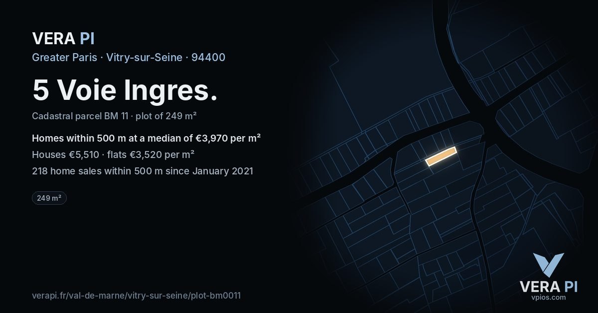5 Voie Ingres, Vitry-sur-Seine at night – the plot lit, the parcels around coloured by the prices near them