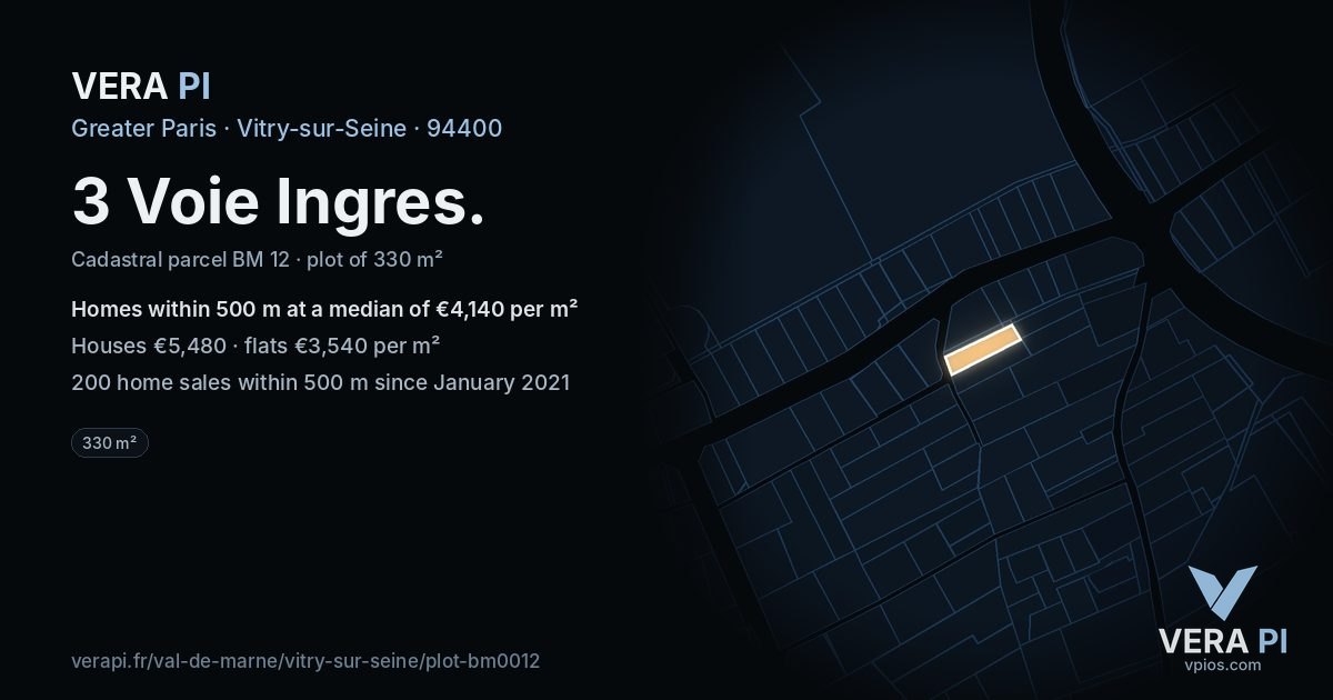 3 Voie Ingres, Vitry-sur-Seine at night – the plot lit, the parcels around coloured by the prices near them