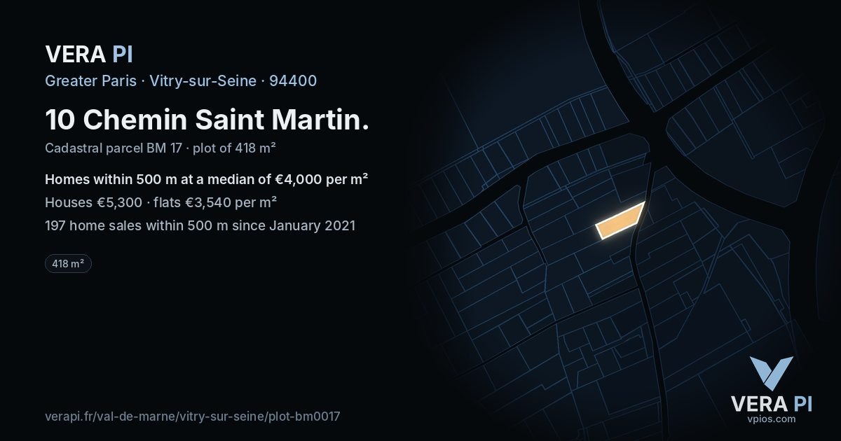 10 Chemin Saint Martin, Vitry-sur-Seine at night – the plot lit, the parcels around coloured by the prices near them