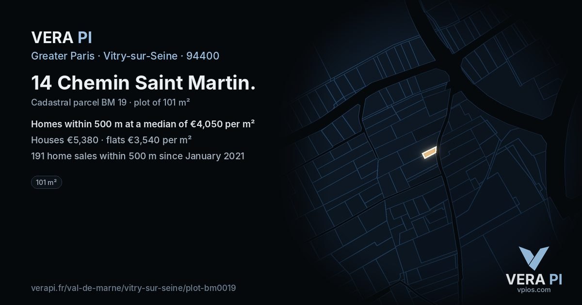 14 Chemin Saint Martin, Vitry-sur-Seine at night – the plot lit, the parcels around coloured by the prices near them