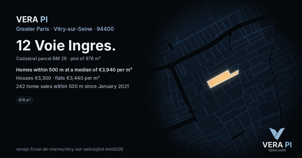 12 Voie Ingres, Vitry-sur-Seine at night – the plot lit, the parcels around coloured by the prices near them