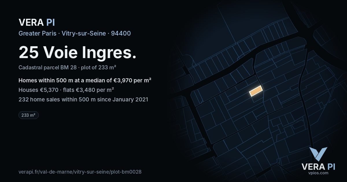 25 Voie Ingres, Vitry-sur-Seine at night – the plot lit, the parcels around coloured by the prices near them