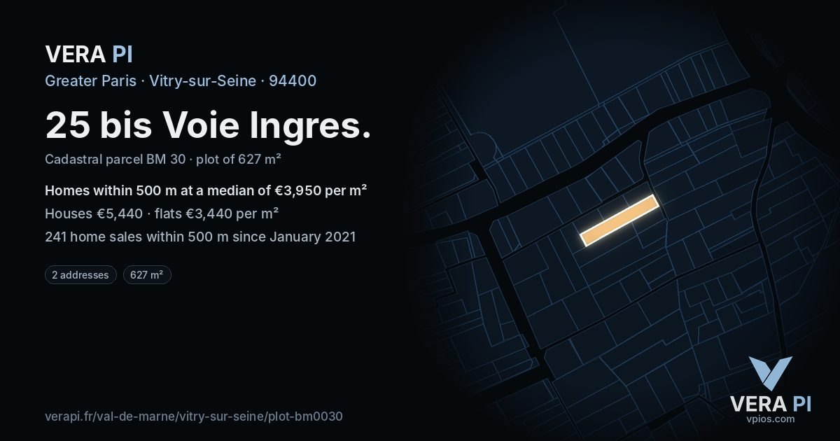 25 bis Voie Ingres, Vitry-sur-Seine at night – the plot lit, the parcels around coloured by the prices near them
