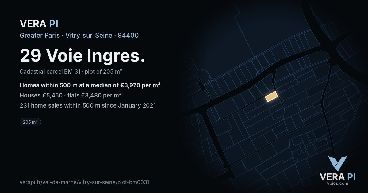 29 Voie Ingres, Vitry-sur-Seine at night – the plot lit, the parcels around coloured by the prices near them