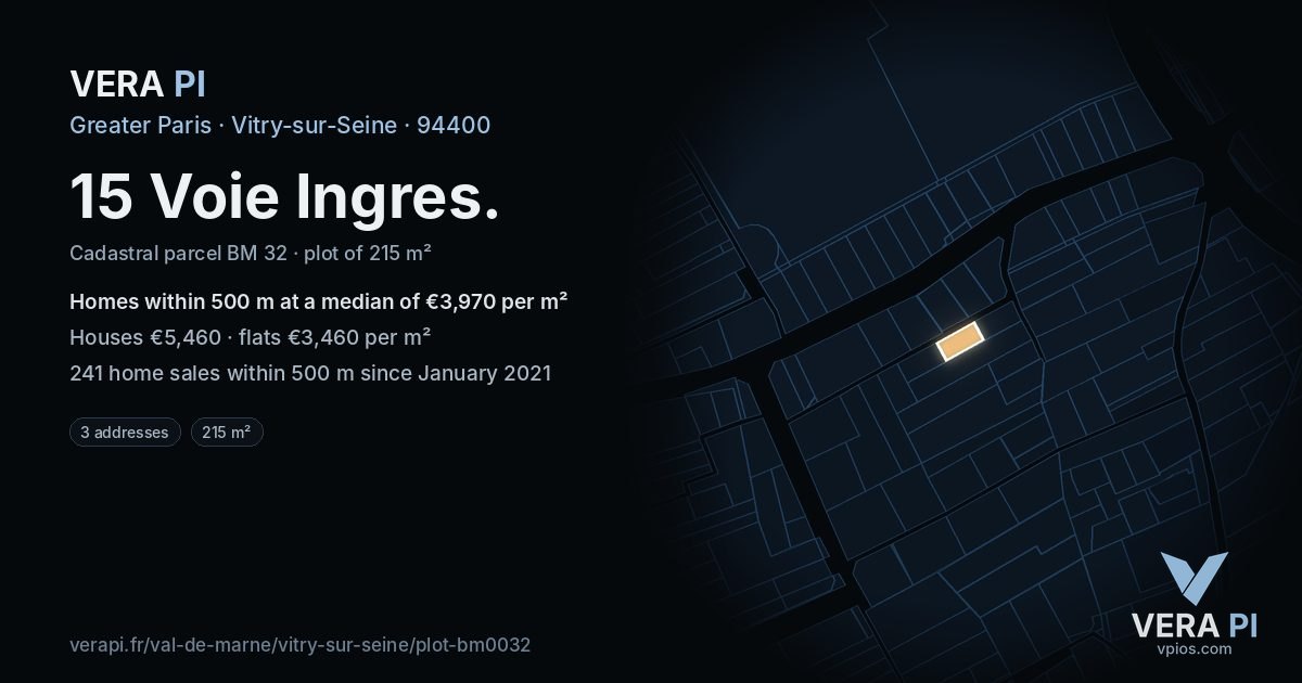 15 Voie Ingres, Vitry-sur-Seine at night – the plot lit, the parcels around coloured by the prices near them