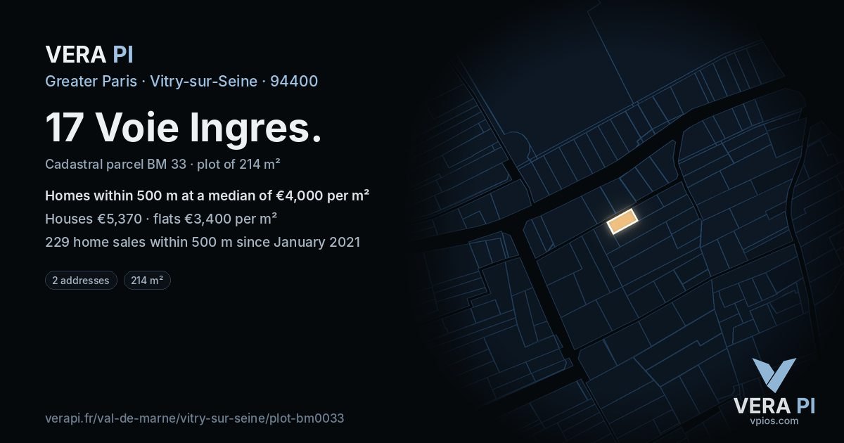 17 Voie Ingres, Vitry-sur-Seine at night – the plot lit, the parcels around coloured by the prices near them