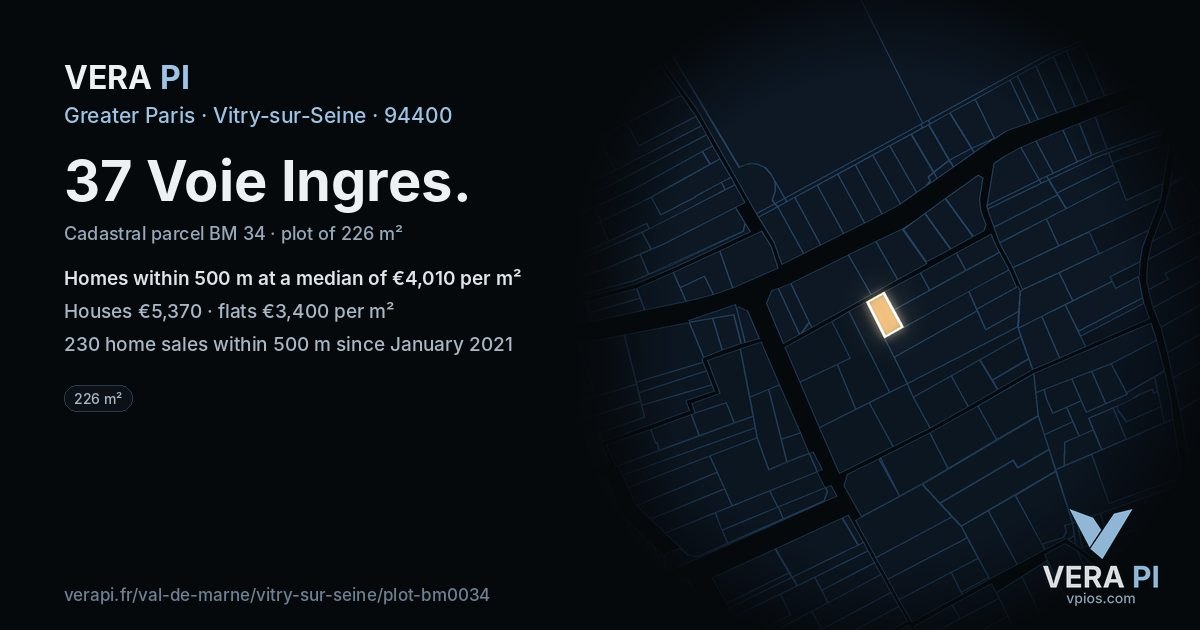 37 Voie Ingres, Vitry-sur-Seine at night – the plot lit, the parcels around coloured by the prices near them