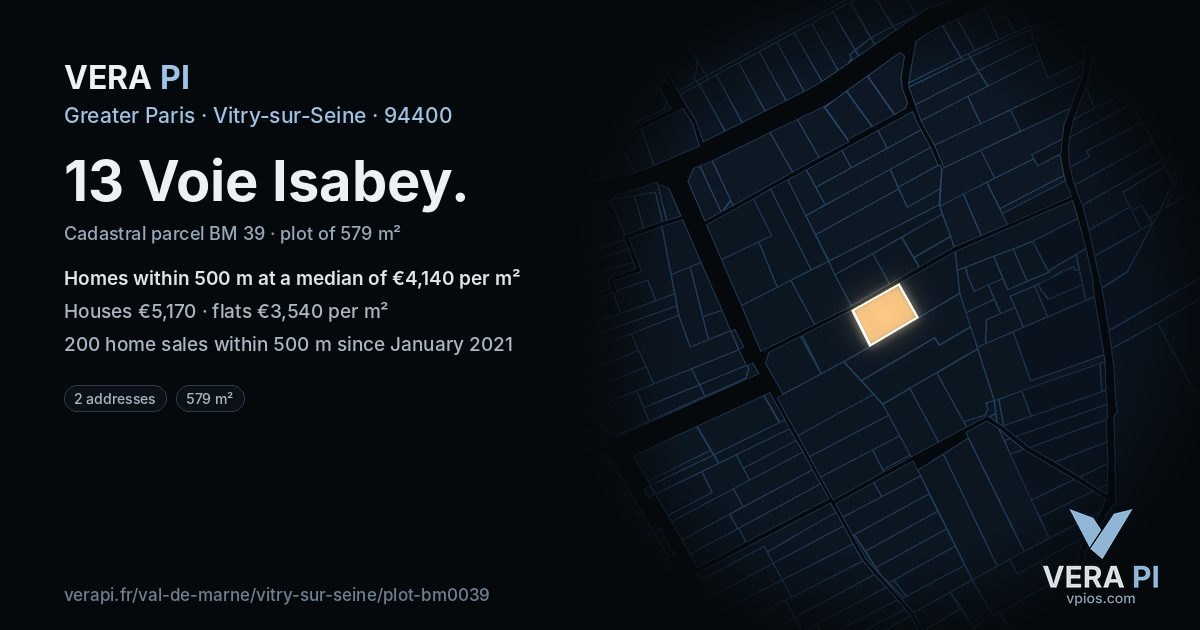 13 Voie Isabey, Vitry-sur-Seine at night – the plot lit, the parcels around coloured by the prices near them
