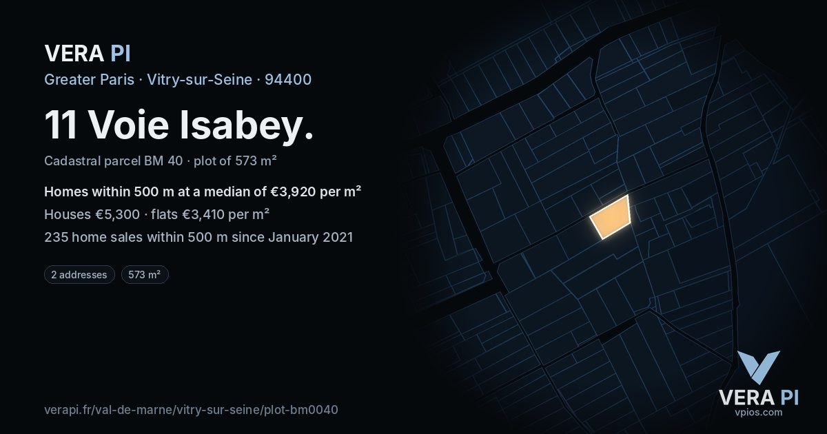 11 Voie Isabey, Vitry-sur-Seine at night – the plot lit, the parcels around coloured by the prices near them