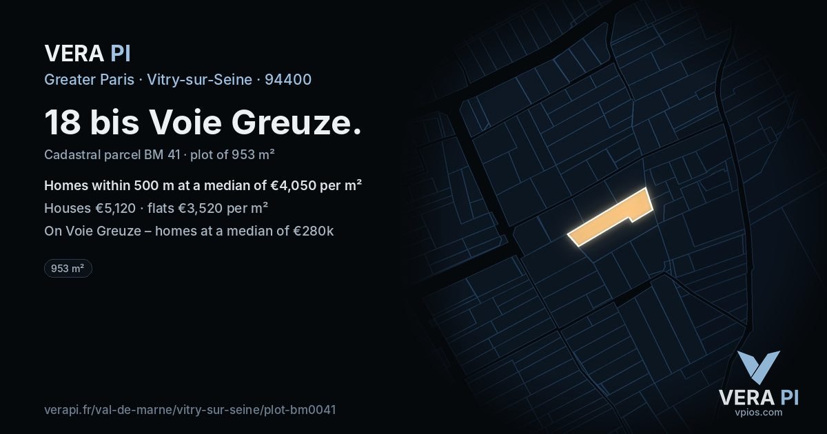 18 bis Voie Greuze, Vitry-sur-Seine at night – the plot lit, the parcels around coloured by the prices near them