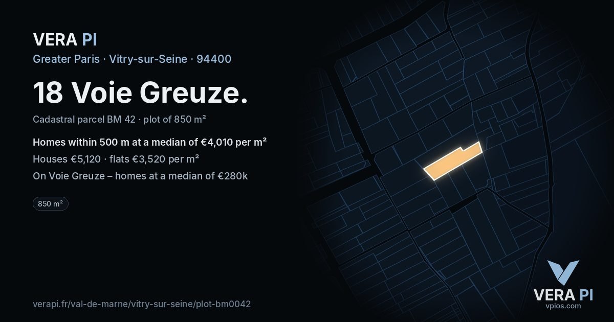 18 Voie Greuze, Vitry-sur-Seine at night – the plot lit, the parcels around coloured by the prices near them