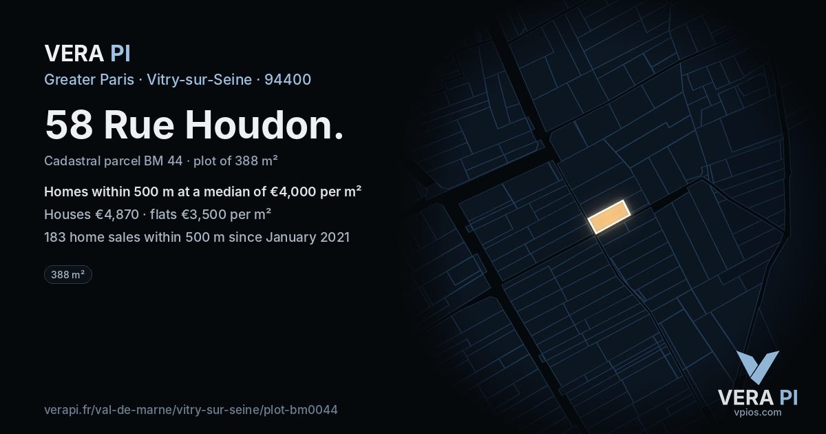 58 Rue Houdon, Vitry-sur-Seine at night – the plot lit, the parcels around coloured by the prices near them