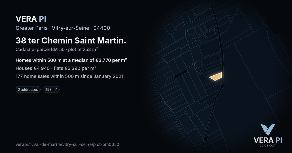 38 ter Chemin Saint Martin, Vitry-sur-Seine at night – the plot lit, the parcels around coloured by the prices near them