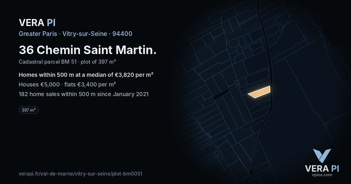 36 Chemin Saint Martin, Vitry-sur-Seine at night – the plot lit, the parcels around coloured by the prices near them