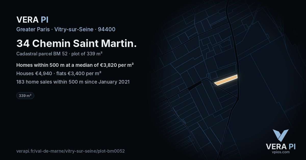 34 Chemin Saint Martin, Vitry-sur-Seine at night – the plot lit, the parcels around coloured by the prices near them
