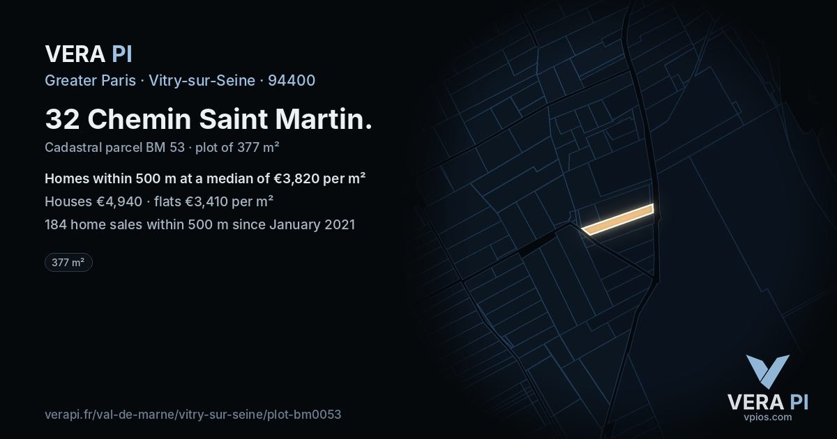 32 Chemin Saint Martin, Vitry-sur-Seine at night – the plot lit, the parcels around coloured by the prices near them