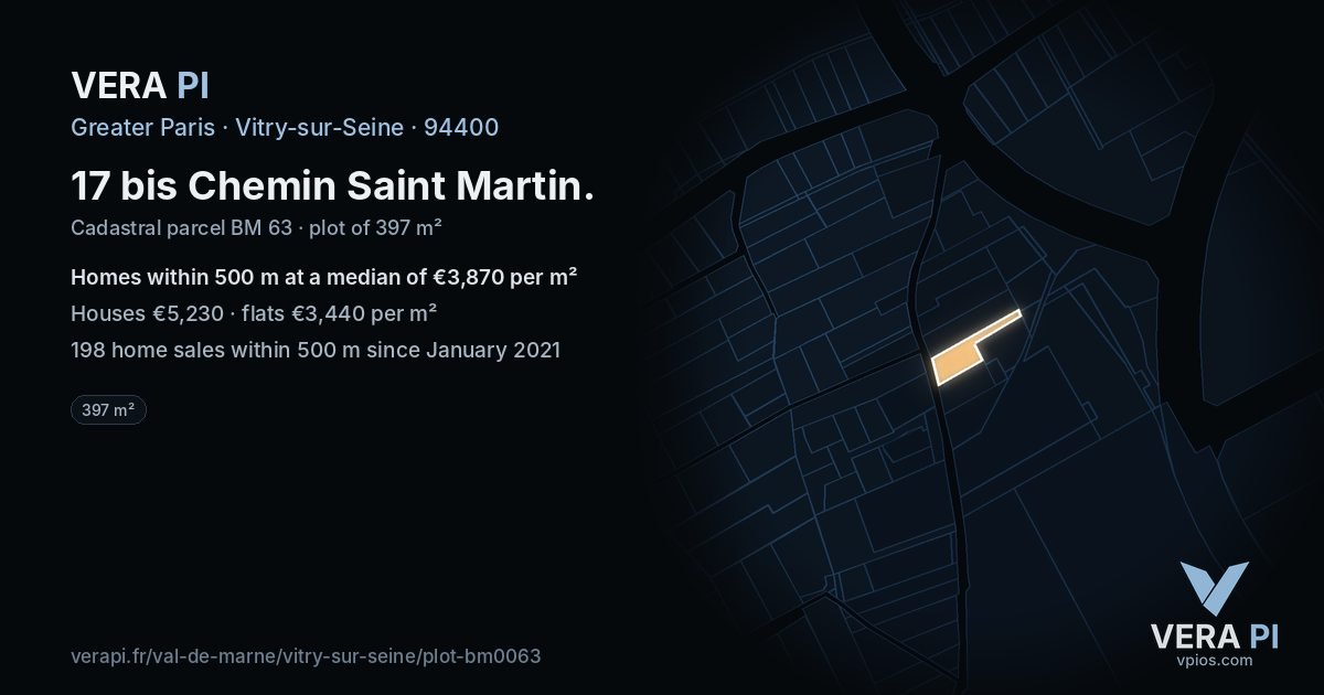 17 bis Chemin Saint Martin, Vitry-sur-Seine at night – the plot lit, the parcels around coloured by the prices near them