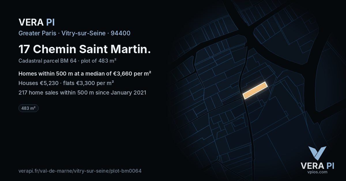 17 Chemin Saint Martin, Vitry-sur-Seine at night – the plot lit, the parcels around coloured by the prices near them