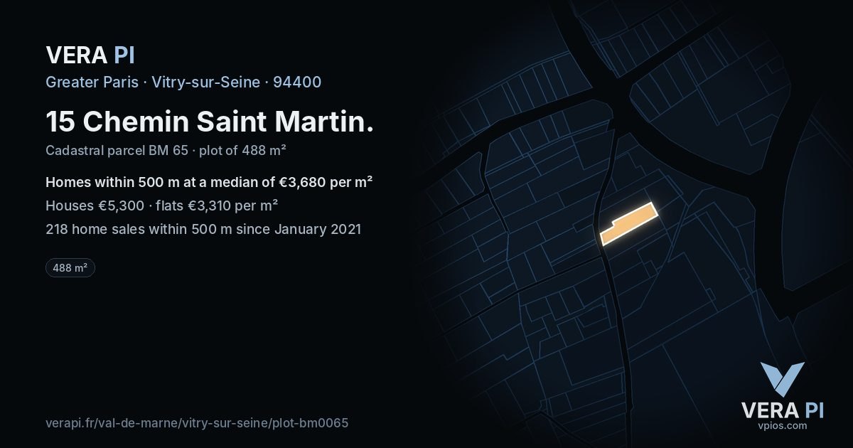 15 Chemin Saint Martin, Vitry-sur-Seine at night – the plot lit, the parcels around coloured by the prices near them