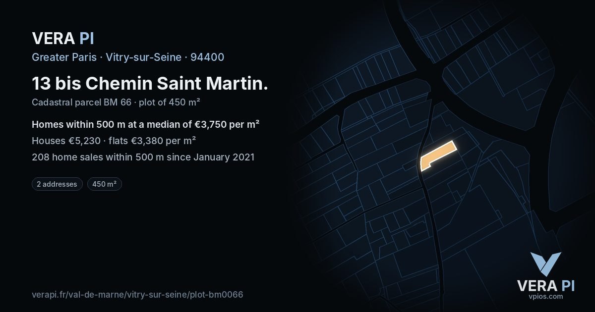 13 bis Chemin Saint Martin, Vitry-sur-Seine at night – the plot lit, the parcels around coloured by the prices near them