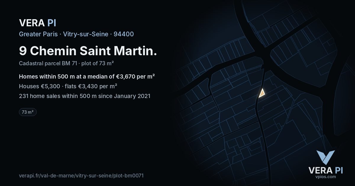 9 Chemin Saint Martin, Vitry-sur-Seine at night – the plot lit, the parcels around coloured by the prices near them