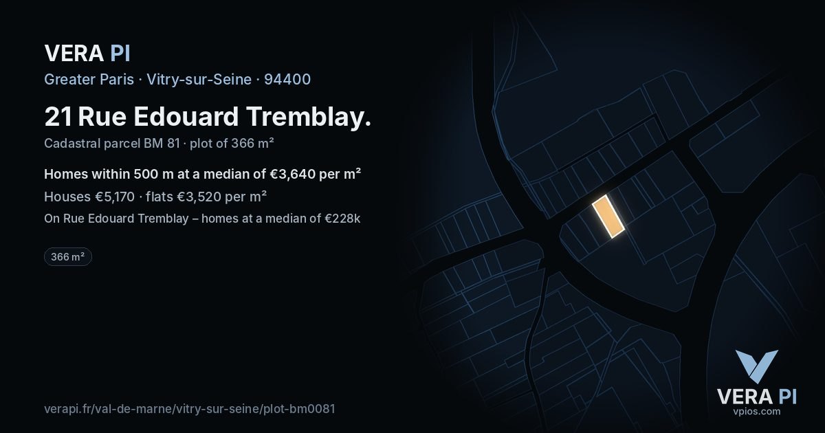 21 Rue Edouard Tremblay, Vitry-sur-Seine at night – the plot lit, the parcels around coloured by the prices near them