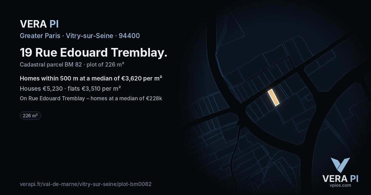 19 Rue Edouard Tremblay, Vitry-sur-Seine at night – the plot lit, the parcels around coloured by the prices near them