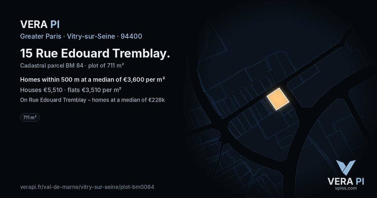 15 Rue Edouard Tremblay, Vitry-sur-Seine at night – the plot lit, the parcels around coloured by the prices near them