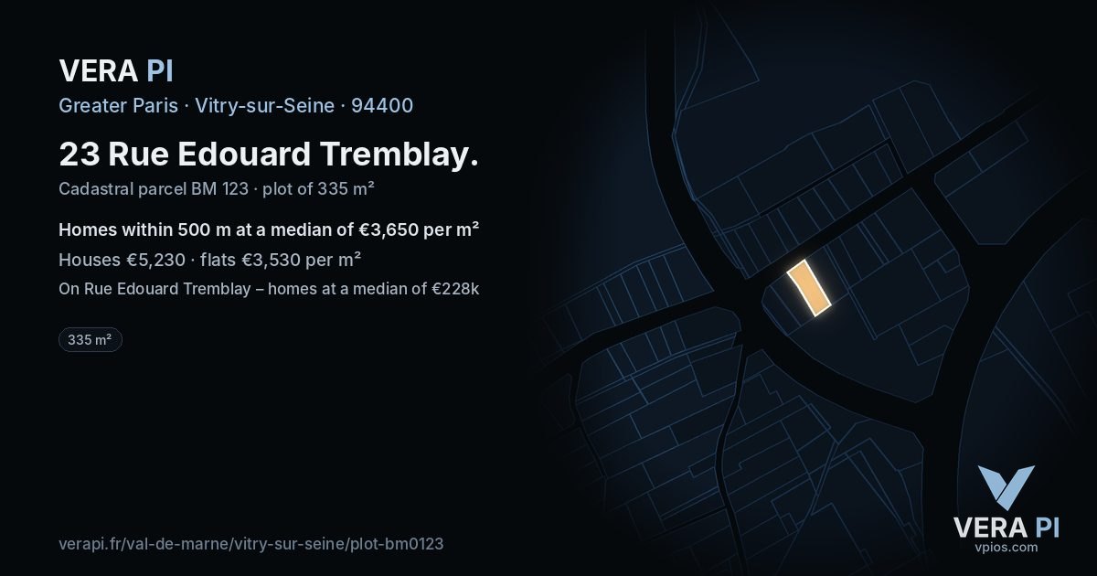 23 Rue Edouard Tremblay, Vitry-sur-Seine at night – the plot lit, the parcels around coloured by the prices near them