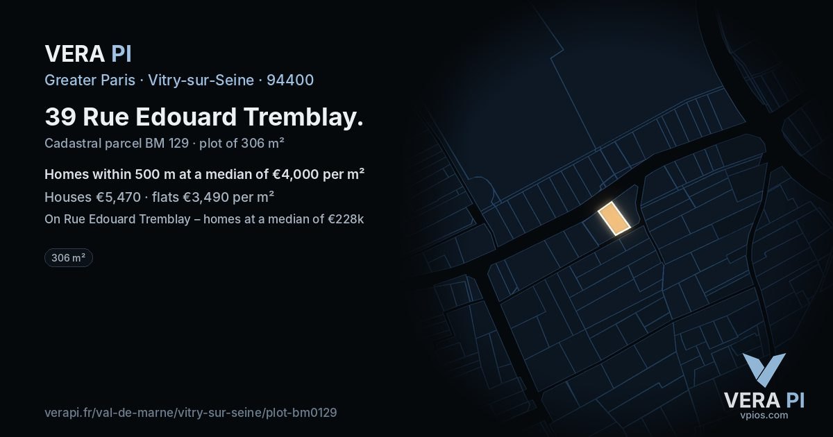 39 Rue Edouard Tremblay, Vitry-sur-Seine at night – the plot lit, the parcels around coloured by the prices near them