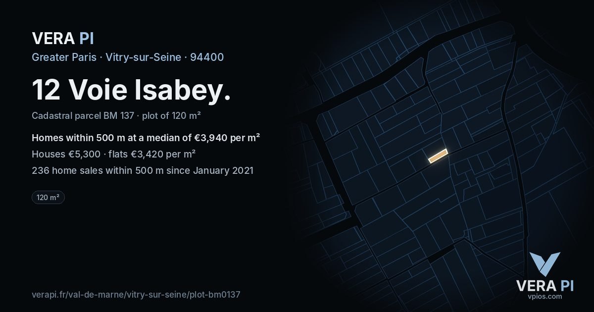 12 Voie Isabey, Vitry-sur-Seine at night – the plot lit, the parcels around coloured by the prices near them
