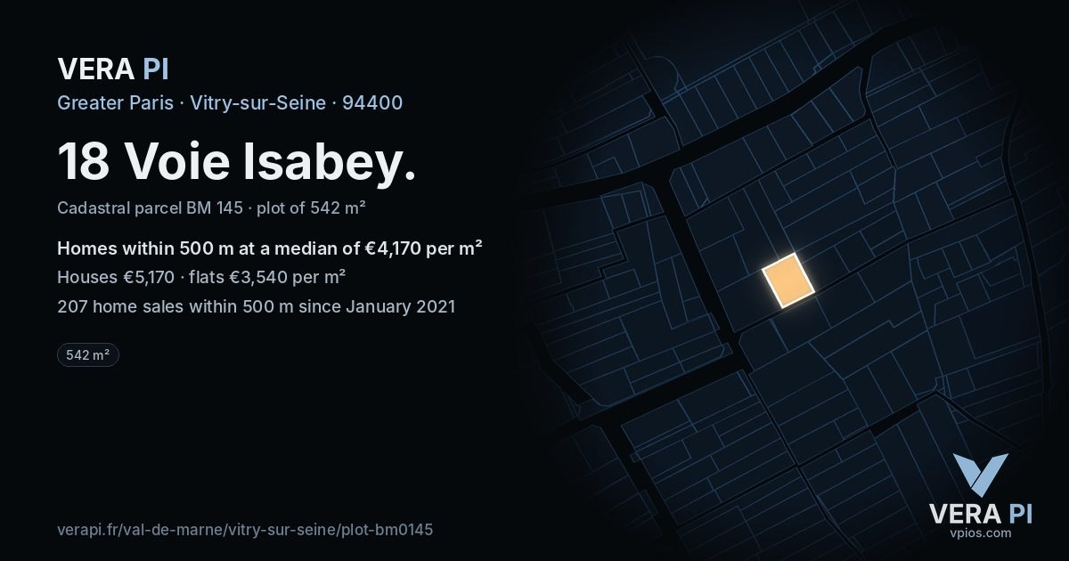 18 Voie Isabey, Vitry-sur-Seine at night – the plot lit, the parcels around coloured by the prices near them