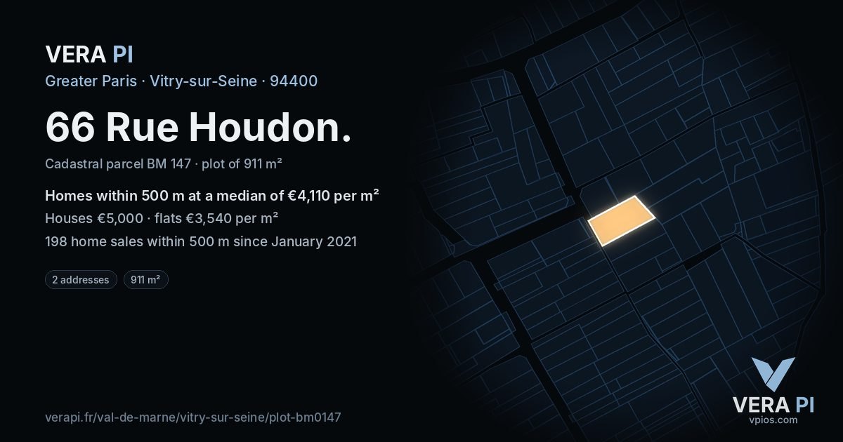 66 Rue Houdon, Vitry-sur-Seine at night – the plot lit, the parcels around coloured by the prices near them