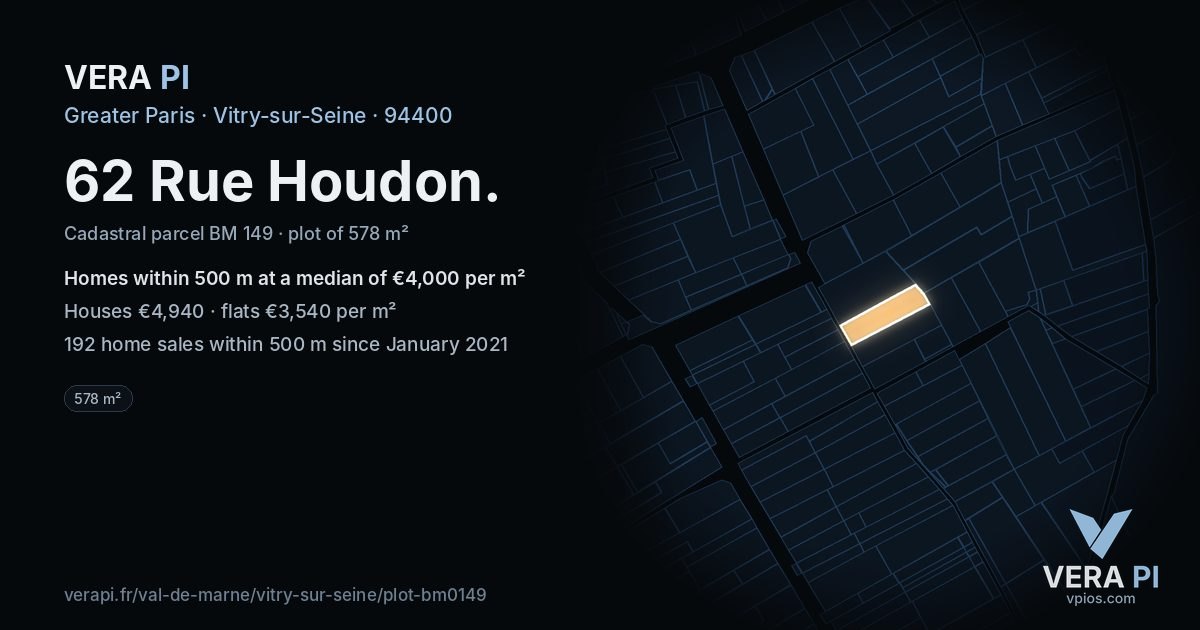 62 Rue Houdon, Vitry-sur-Seine at night – the plot lit, the parcels around coloured by the prices near them
