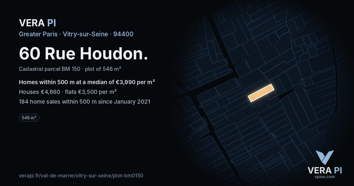 60 Rue Houdon, Vitry-sur-Seine at night – the plot lit, the parcels around coloured by the prices near them