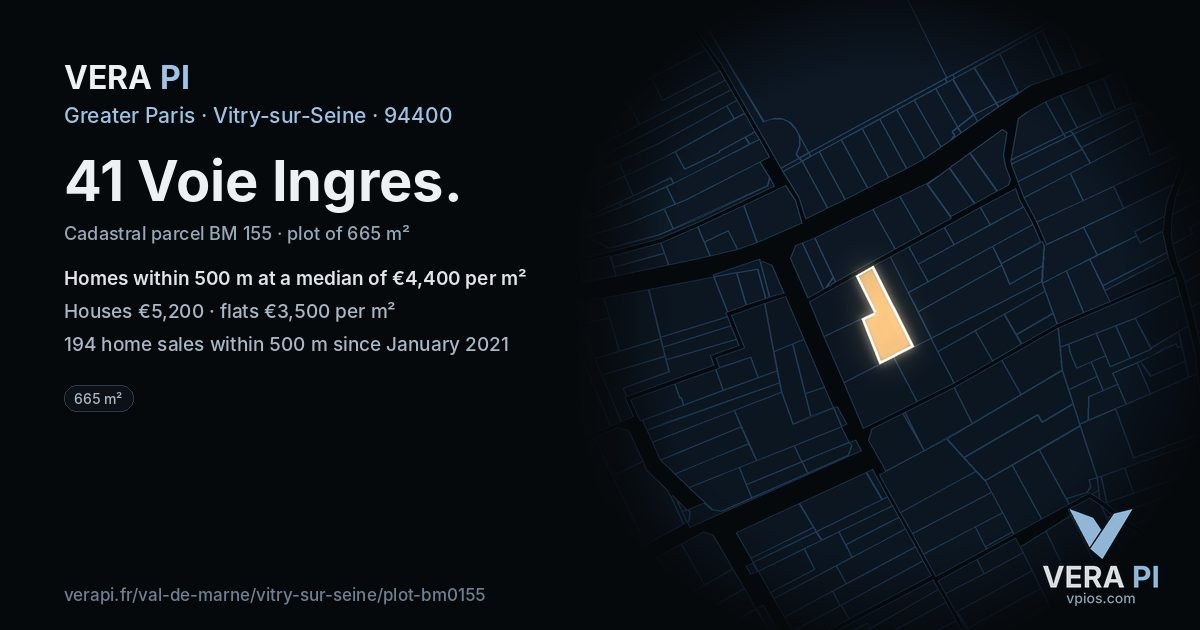 41 Voie Ingres, Vitry-sur-Seine at night – the plot lit, the parcels around coloured by the prices near them