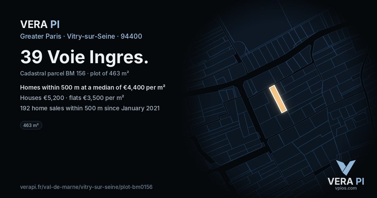 39 Voie Ingres, Vitry-sur-Seine at night – the plot lit, the parcels around coloured by the prices near them
