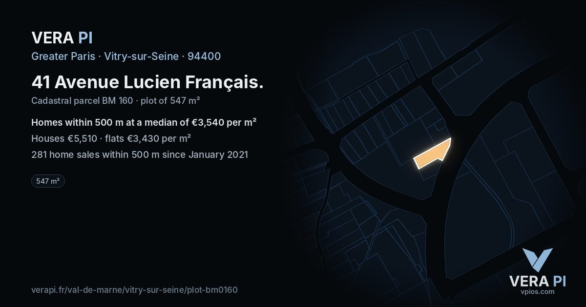 41 Avenue Lucien Français, Vitry-sur-Seine at night – the plot lit, the parcels around coloured by the prices near them