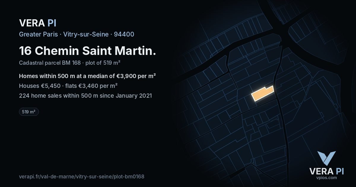 16 Chemin Saint Martin, Vitry-sur-Seine at night – the plot lit, the parcels around coloured by the prices near them