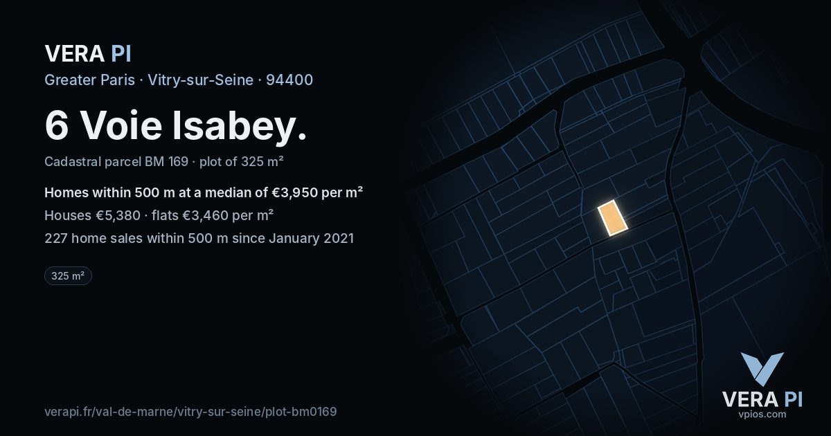 6 Voie Isabey, Vitry-sur-Seine at night – the plot lit, the parcels around coloured by the prices near them