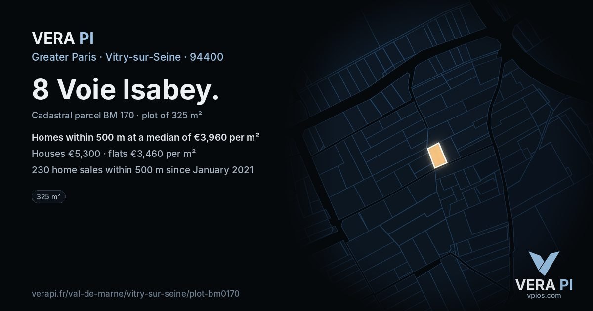 8 Voie Isabey, Vitry-sur-Seine at night – the plot lit, the parcels around coloured by the prices near them